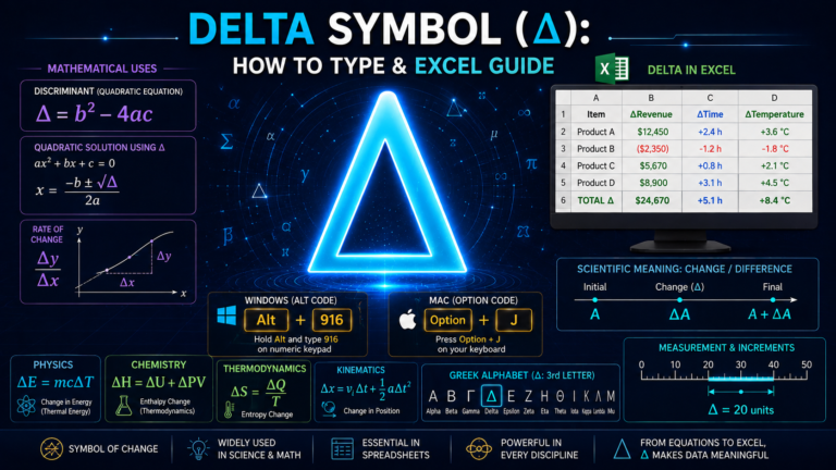 Delta Symbol (Δ) tutorial showing how to type the Delta symbol in Windows (Alt+916), Mac (Option+J), Excel spreadsheets, quadratic formula Δ = b² − 4ac, rate of change Δy/Δx, and scientific notation.