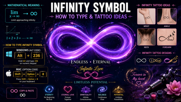 Infinity symbol (∞) with keyboard shortcuts, tattoo design ideas, mathematical formulas, and typing methods for Windows, Mac, iPhone, Excel and Word