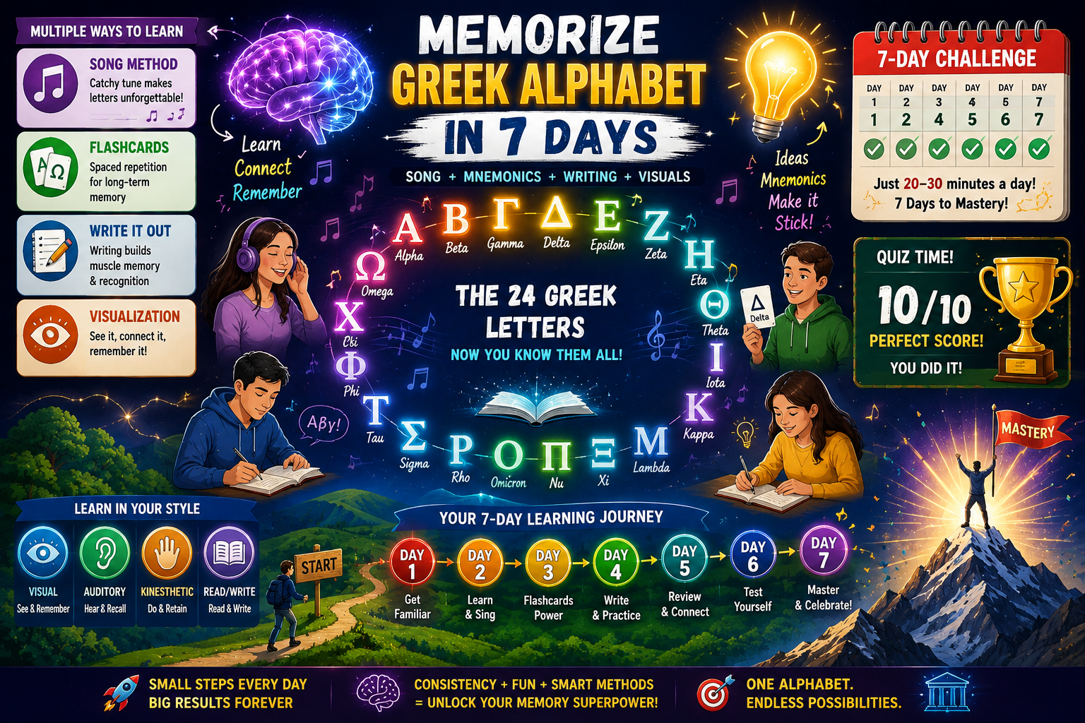 Educational infographic showing how to memorize the Greek alphabet in 7 days using songs, mnemonics, flashcards, writing practice, visual learning methods, and a complete 24-letter learning journey.