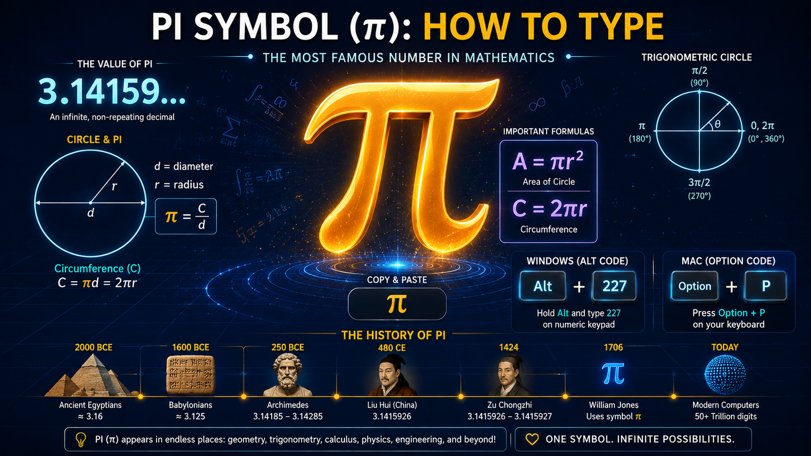 Pi Symbol (π) tutorial showing how to type the π symbol on Windows (Alt+227), Mac (Option+P), and mobile devices with circle formulas A=πr², C=2πr, value 3.14159, and trigonometric circle.