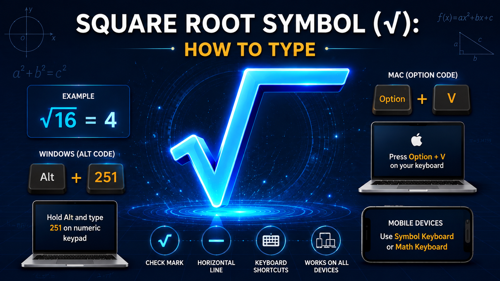 Square root symbol (√) with keyboard shortcuts and typing methods for Windows, Mac, iPhone, Excel and Word